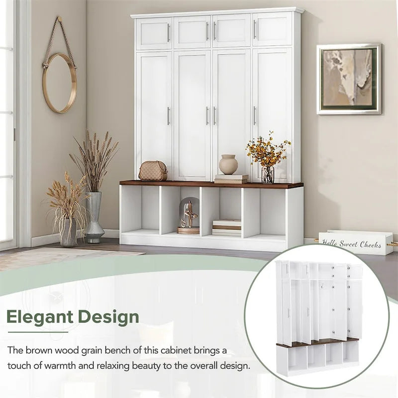 Multi-Functional Hall Tree with 4 Hidden Hooks and Wood Grain Bench