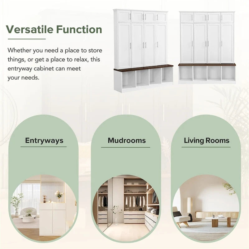 Multi-Functional Hall Tree with 4 Hidden Hooks and Wood Grain Bench