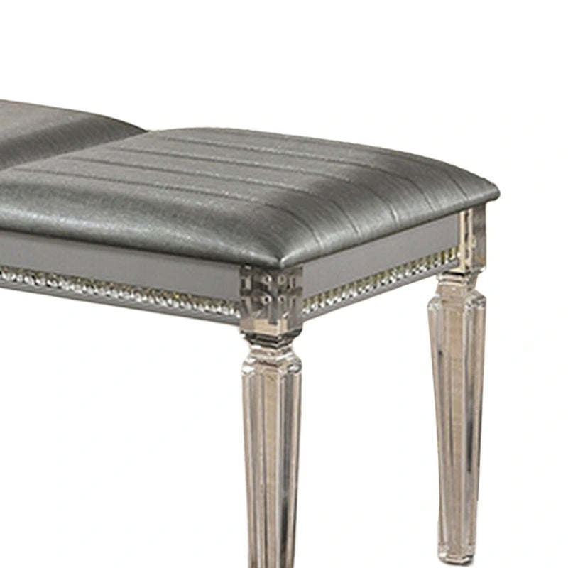 Sam 54 Inch Modern Upholstered Bench, Clear Acrylic Legs, Crystal Accents