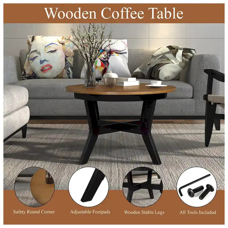 Mid Century Farmhouse Circle Wooden Coffee Tables