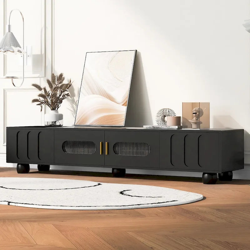 Modern TV Stand with Glass Door 2 Drawers and Cabinets for TVs up to 80 Inches