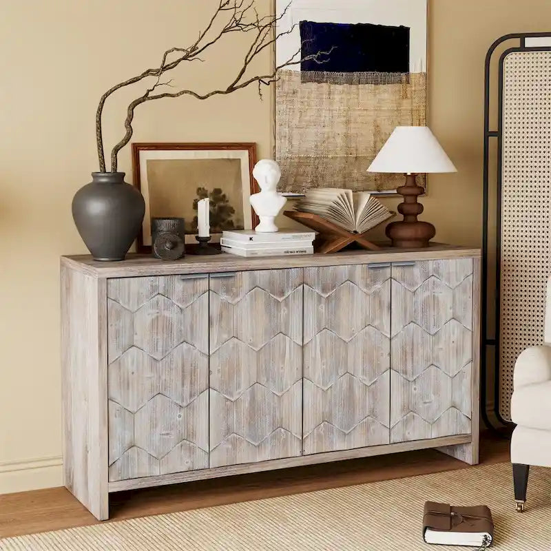 Farmhouse Style 4 Door Wooden Cabinet Sideboard Buffet Server Cabinet