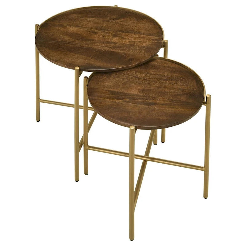 2-Piece Round Mango Wood Nesting Tables with Gold Iron Base