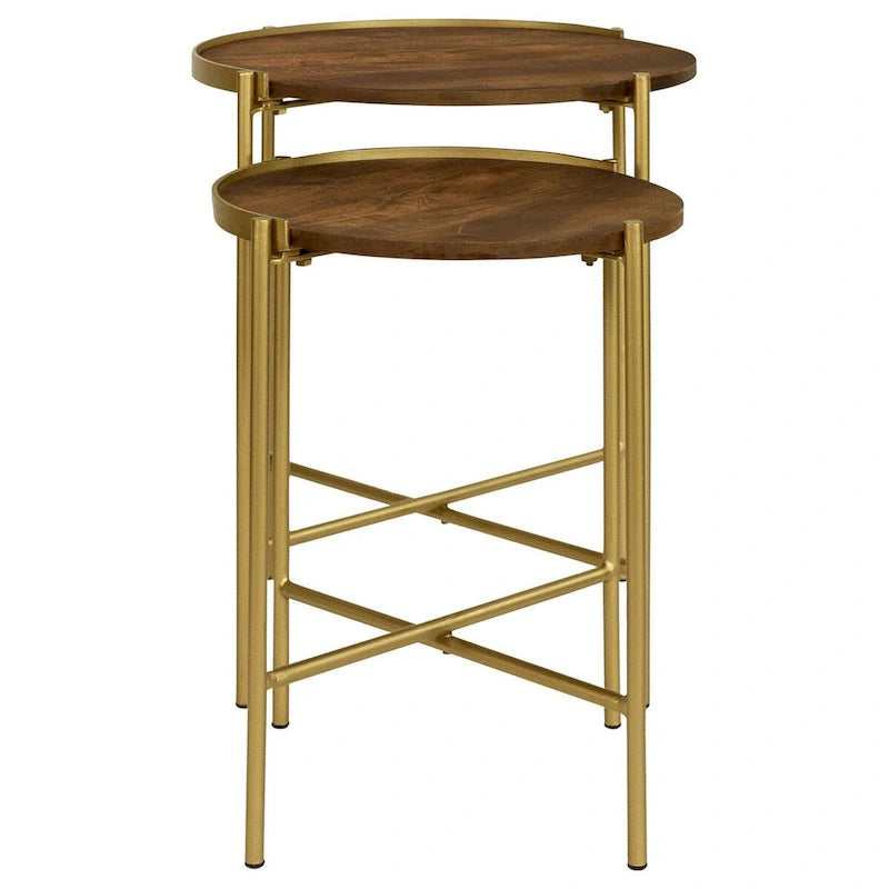 2-Piece Round Mango Wood Nesting Tables with Gold Iron Base