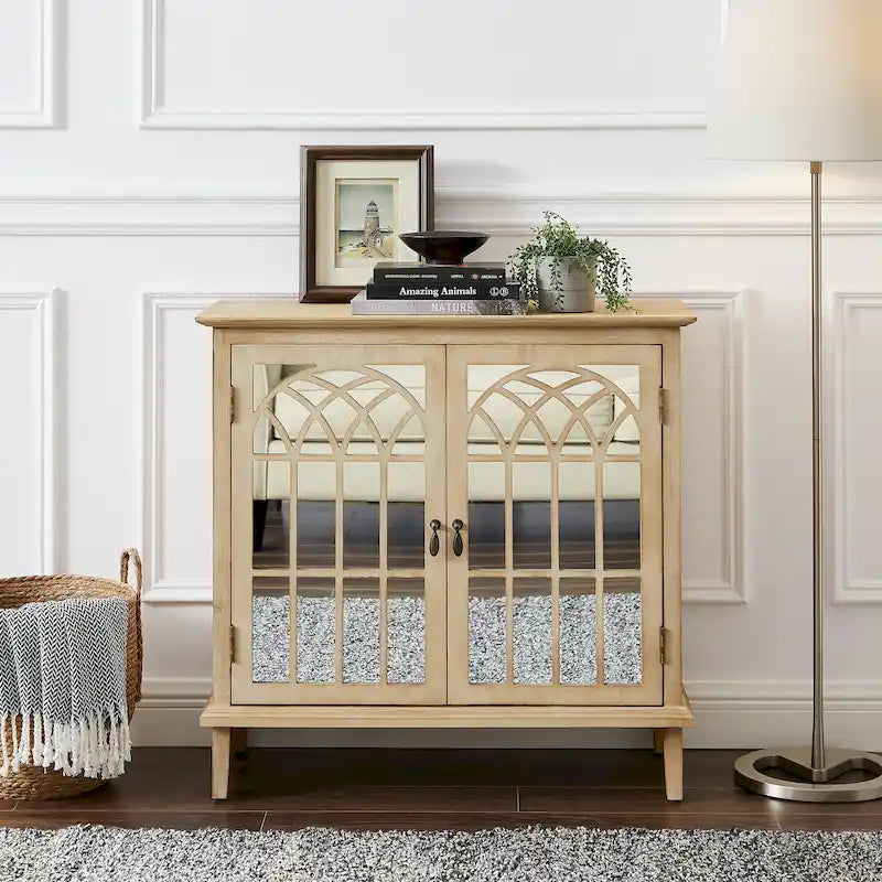 Wood Accent Cabinet with Mirrored Doors Sideboard Buffet