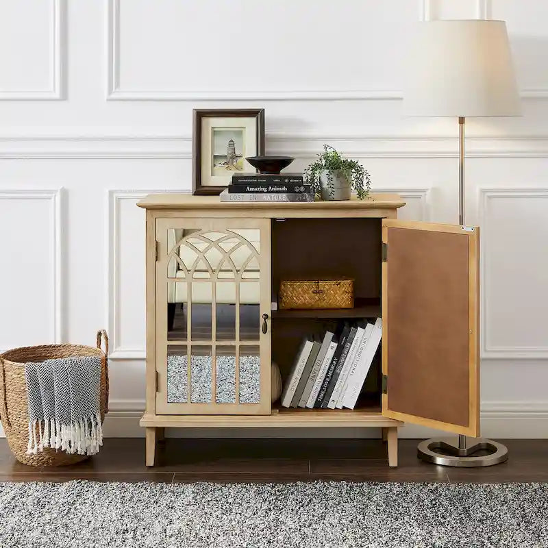 Wood Accent Cabinet with Mirrored Doors Sideboard Buffet