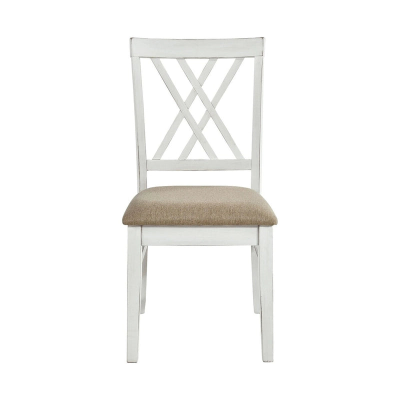 19 Inch Side Dining Chairs Set of 2, X Cross Back, Khaki Seat, Farmhouse White