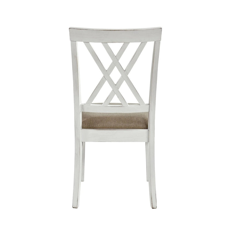 19 Inch Side Dining Chairs Set of 2, X Cross Back, Khaki Seat, Farmhouse White