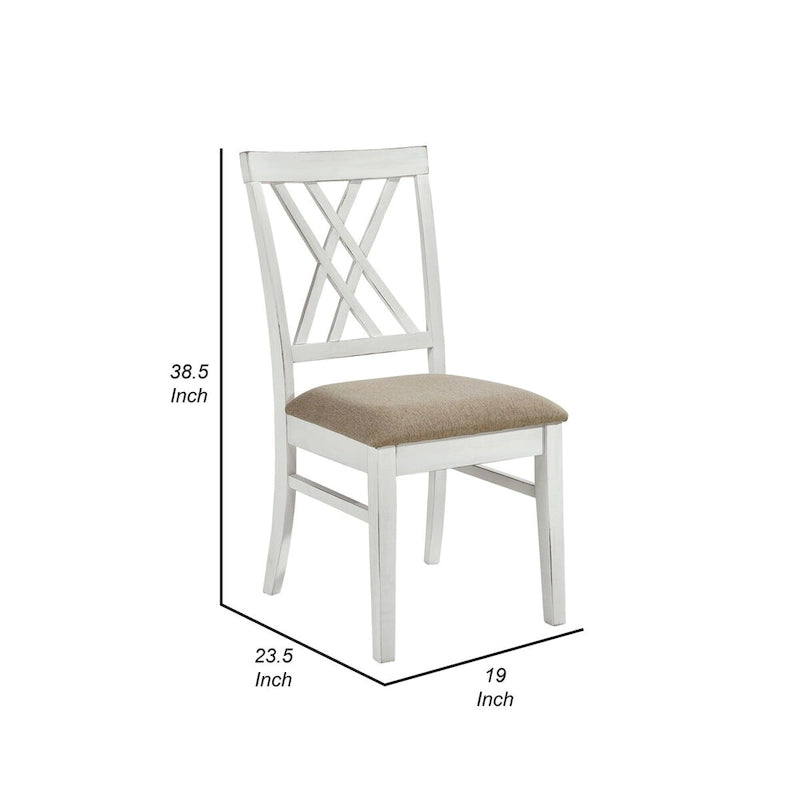 19 Inch Side Dining Chairs Set of 2, X Cross Back, Khaki Seat, Farmhouse White