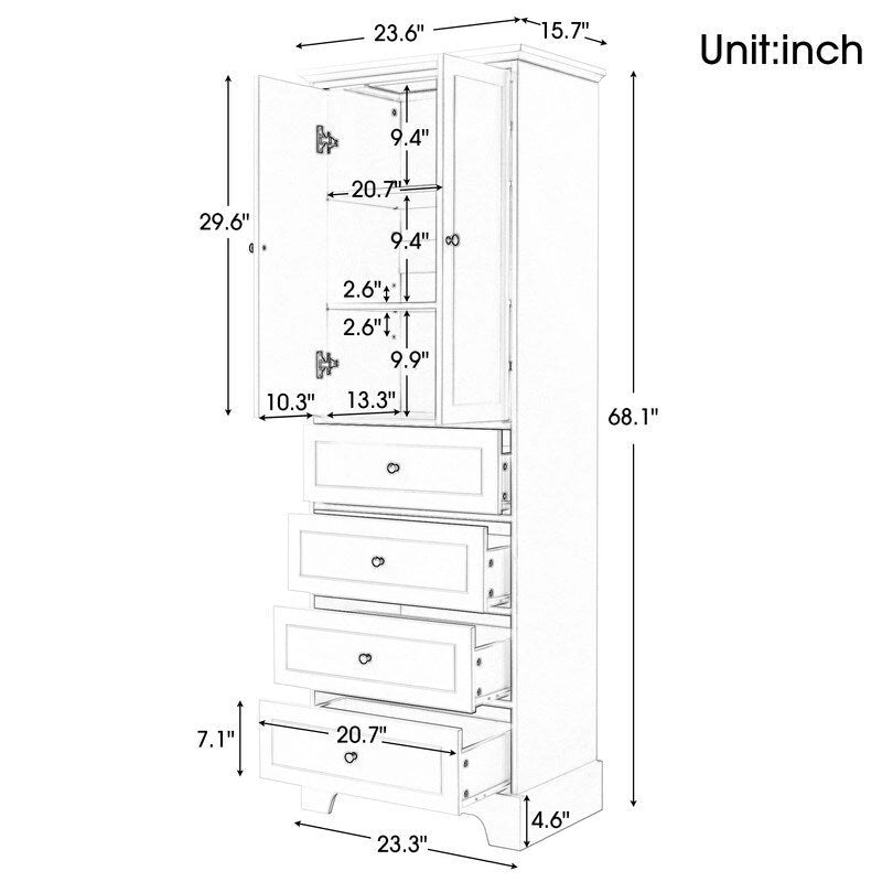 Bathroom Storage Cabinet with 2 Doors and 4 Drawers,Adjustable Shelf