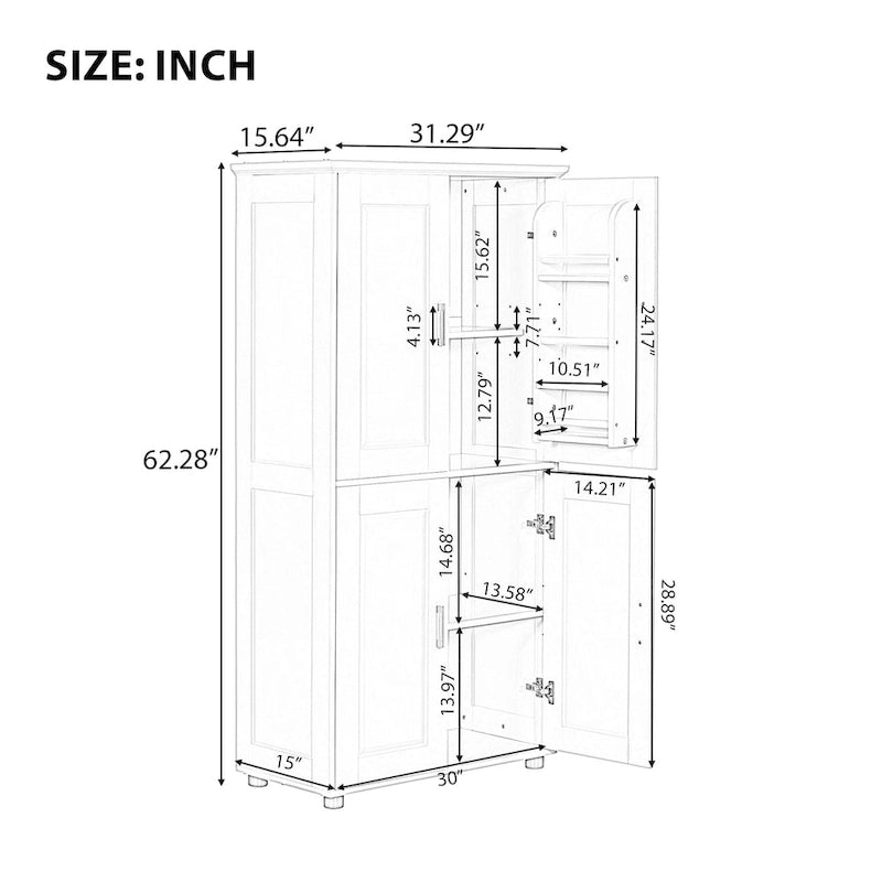 Tall and Wide Bathroom Floor Storage Cabinet, Bathroom Storage Unit, Freestanding Cabinet with 4 Doors, Adjustable Shelves