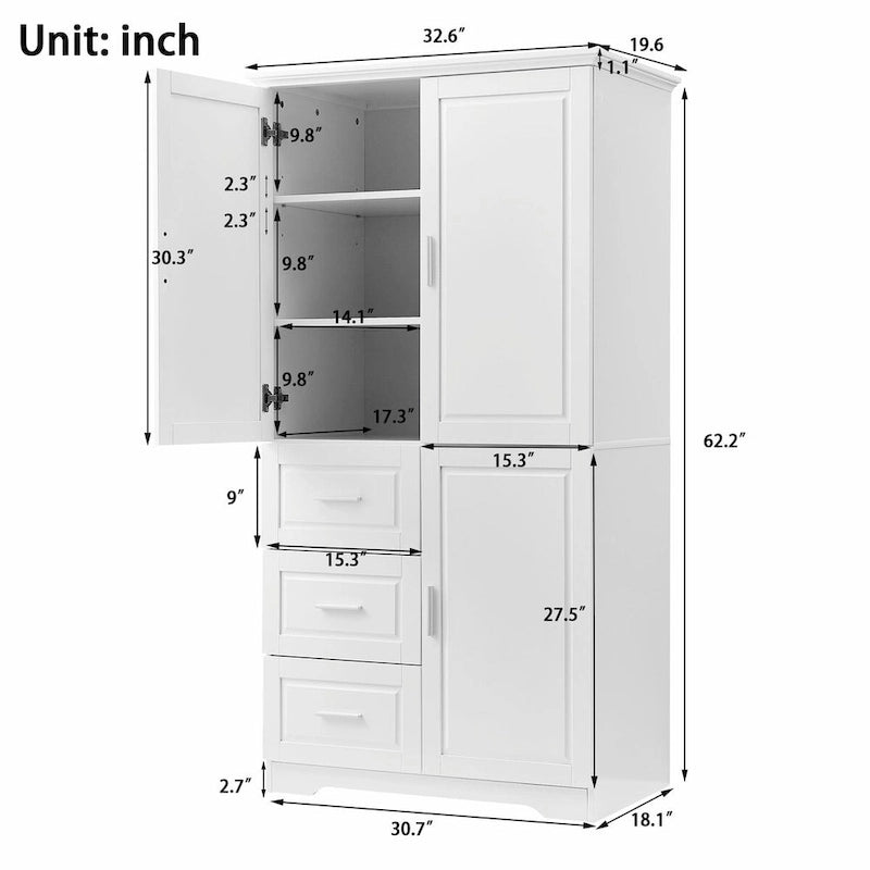Tall and Wide Storage Cabinet with Doors and Three Drawers