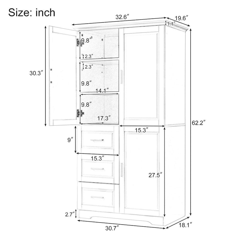 Tall and Wide Storage Cabinet with Doors and Three Drawers