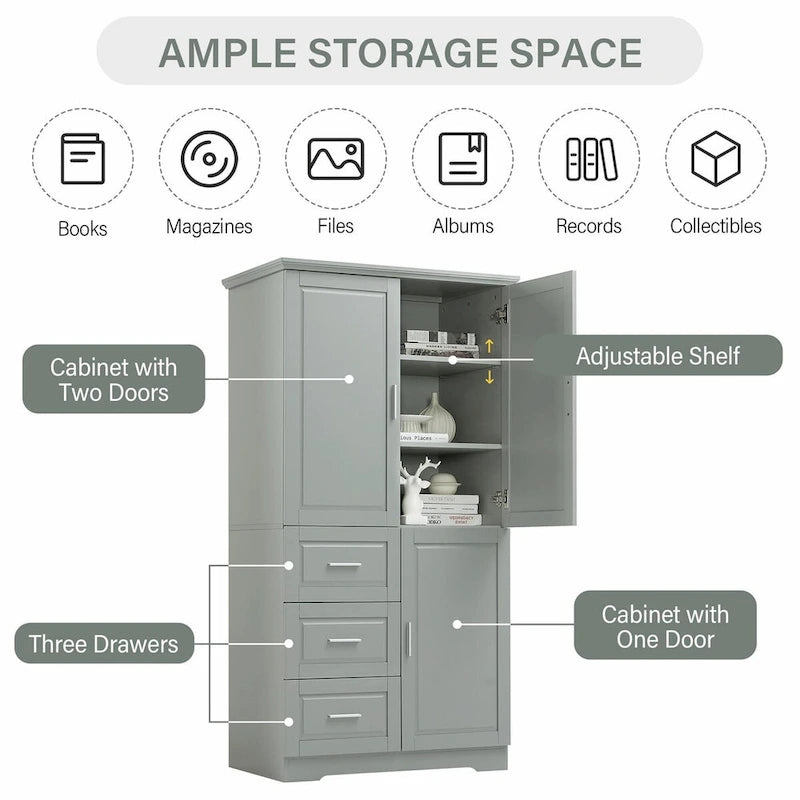 Tall and Wide Storage Cabinet with Doors and Three Drawers
