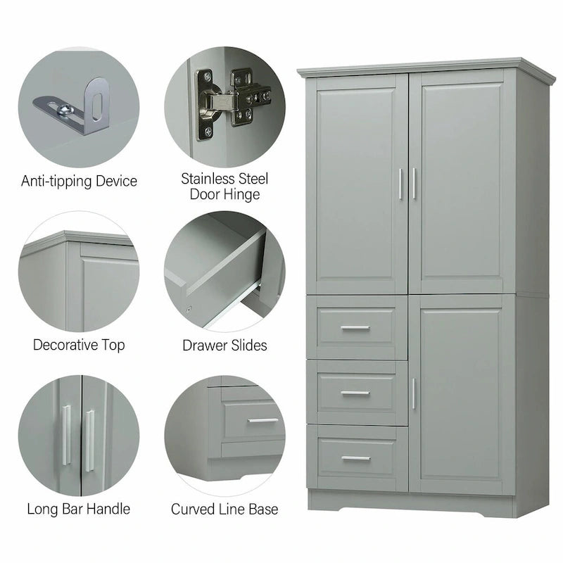 Tall and Wide Storage Cabinet with Doors and Three Drawers