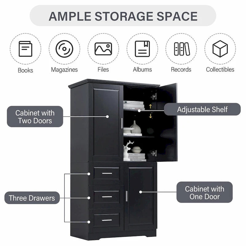 Tall and Wide Storage Cabinet with Doors and Three Drawers